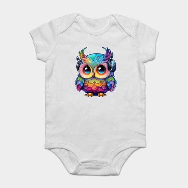 Rainbow Owl Wearing Headphones Baby Bodysuit by Luxinda